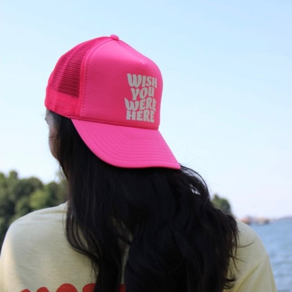 Hot/neon pink & white wish you were here snap back trucker hat